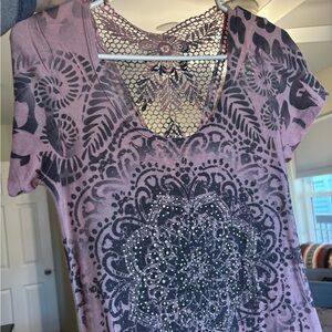 Purple Lace-Back Floral Print Short Sleeve Top